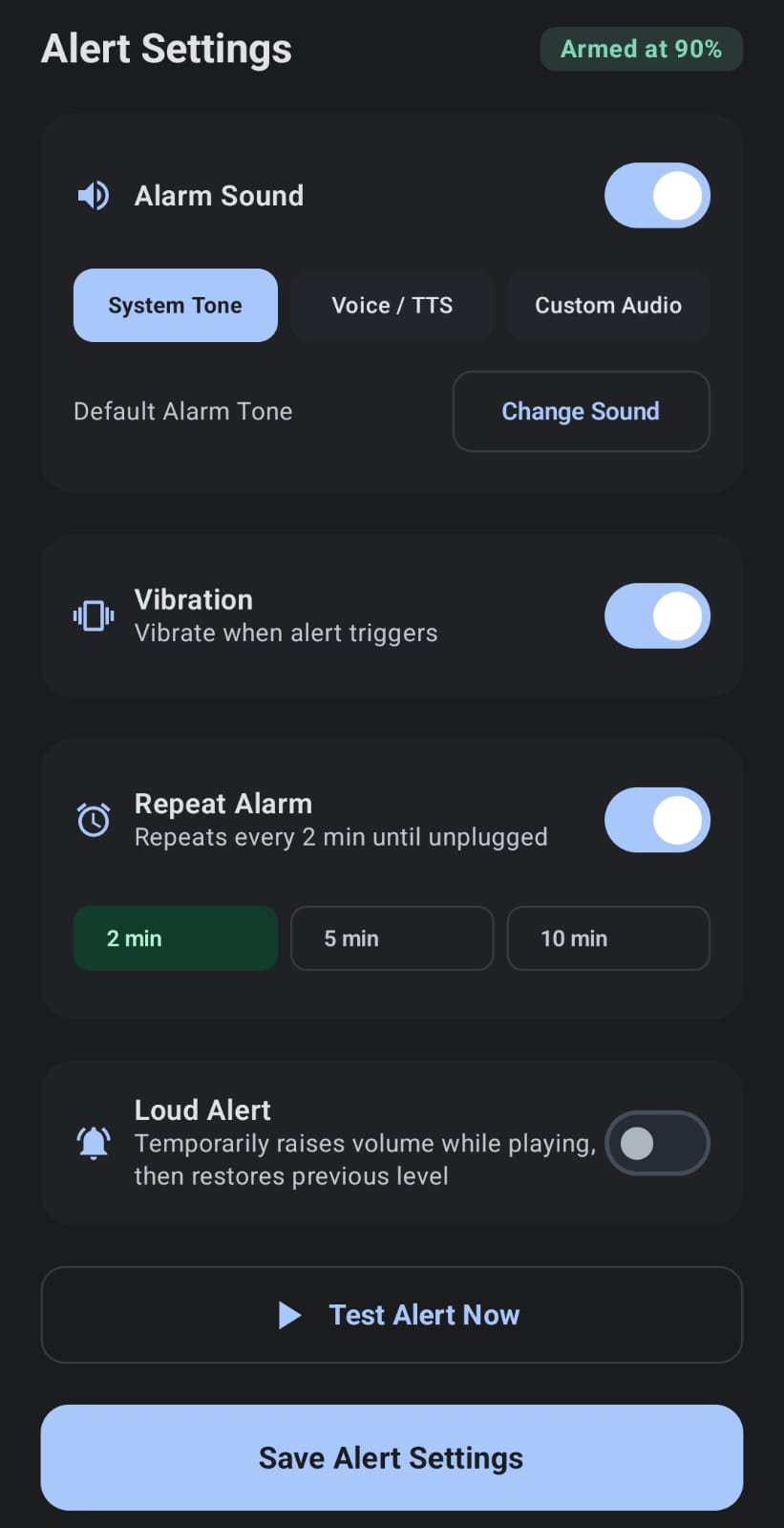 ChargeETA alert settings