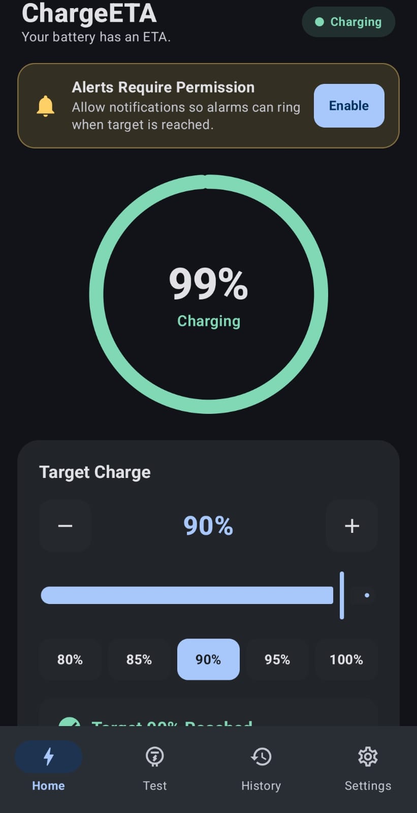 ChargeETA home screen while charging